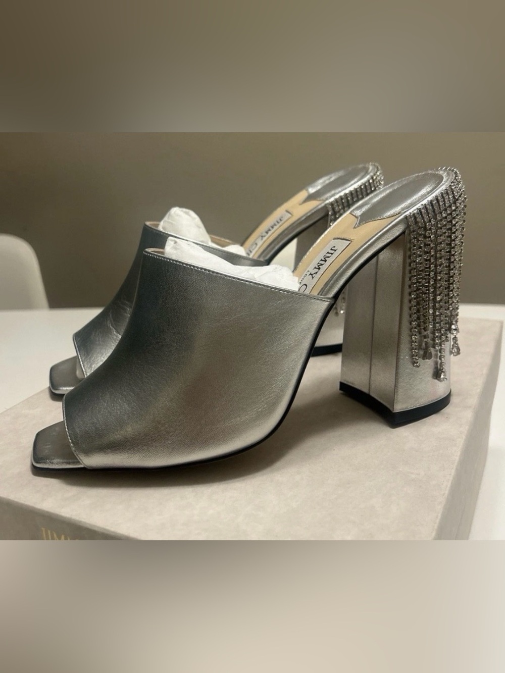 Jimmy Choo Baia 100 Crystal Fringe Silver Mules EU 371⁄2